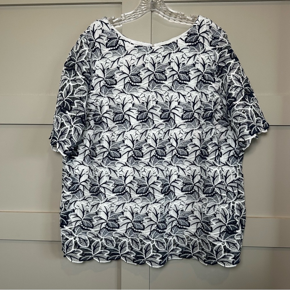 Bedford Fair Crochet Lace Blouse Navy White Women’s Boho Embroidered Summer 2X